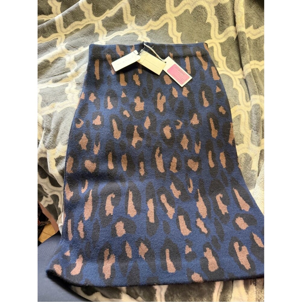 Leopard-Print Navy Wool Pencil Skirt with Blush Accents